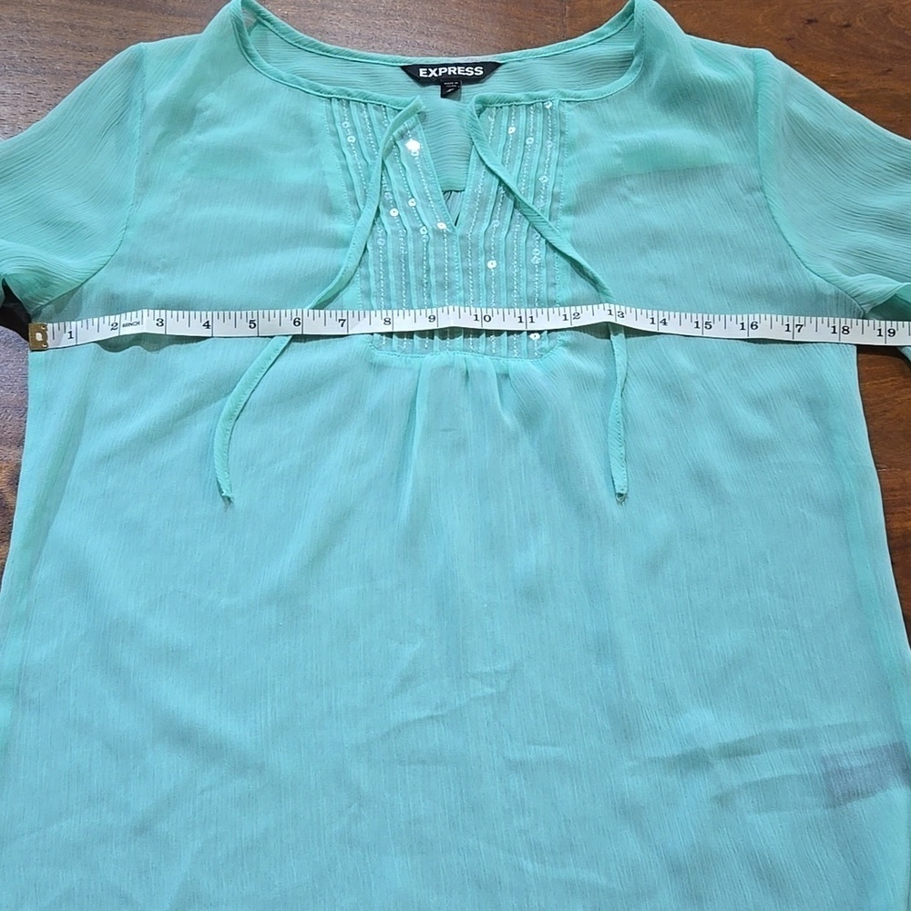 Express Mint Sequin Sheer Chiffon Rolled Cuff Boho Peasant Top Size XS - Picture 9 of 11